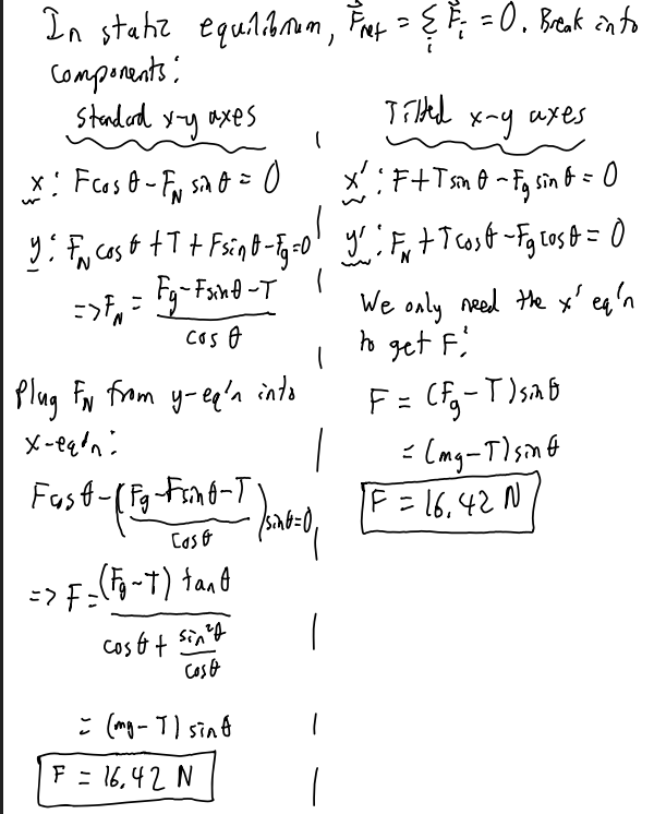 <p>break up Fnet into x and y directions, set both to zero.</p>