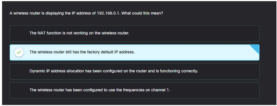<p>The wireless router still has the factory default IP address.</p>