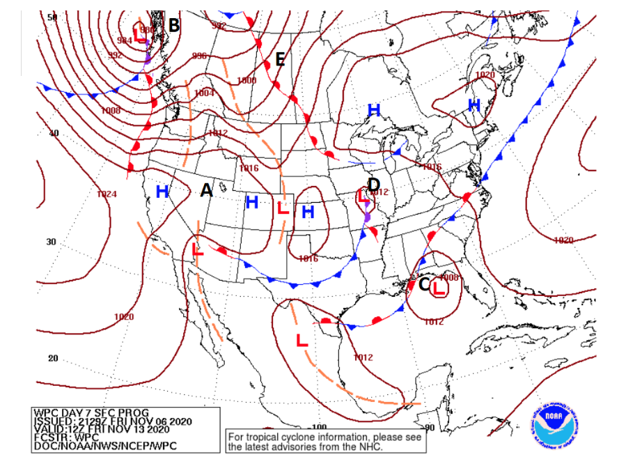 <p>Where would you expect clear skies?</p>