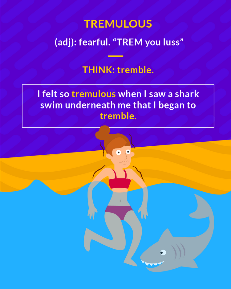 <p>(adj.) shaking or quivering slightly, fearful</p><p>(adj.) shaking</p>