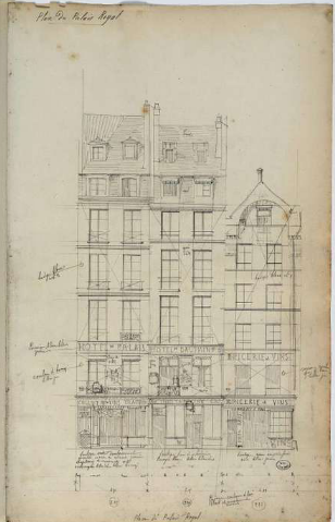 <p>Gabriel Davioud, <em>Minute d’un relevé des maisons de la place du Palais Royal, </em>vers 1860, Paris</p>