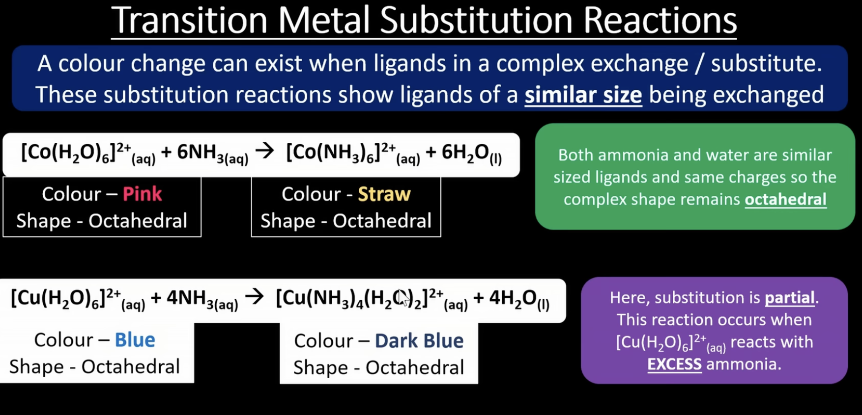 <p>memorise the second one </p><p>is in excess ammonia </p><p>ligands of a similar size are being exchanged </p>