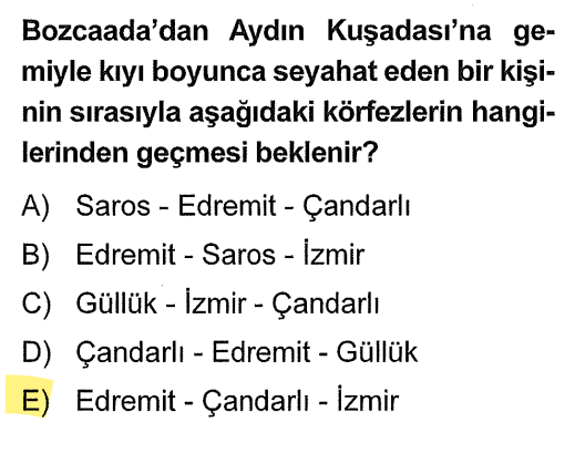 <p>Bozcaada kuzeydedir. Güneye doğru inerken sırasıyla Balıkesir (Edremit), İzmir'in kuzeyi (Çandarlı) ve merkezine (İzmir Körfezi) uğrarız.</p>