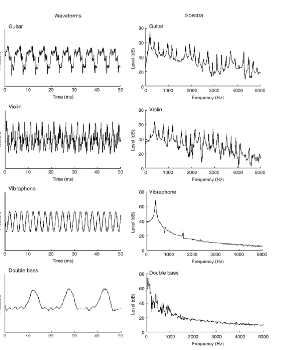 <p>each tone produced by most instruments make up not only the fundamental frequency but also its overtones series </p><p>characteristics can be seen in waveforms </p>