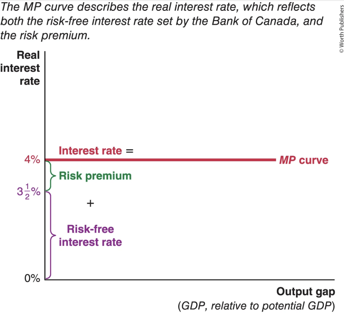 <ul><li><p>it illustrates the current real interest rate, which is shaped by monetary policy and the risk premium (Monetary Policy)</p></li><li><p>the bank changed its monetary policy or/and changes in financial markets shifted the risk premium</p></li><li><p>the difference between the interest rate at which you can borrow and the risk free interest rate </p></li></ul><p></p>