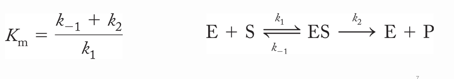 <ul><li><p>Unique to each enzyme-substrate pair</p></li><li><p>Independent of [enzyme]</p></li><li><p>Describes the properties of the E-S interaction</p></li><li><p>Based on rate constants:</p></li></ul><p>It tells you how tightly the enzyme binds substrate</p>