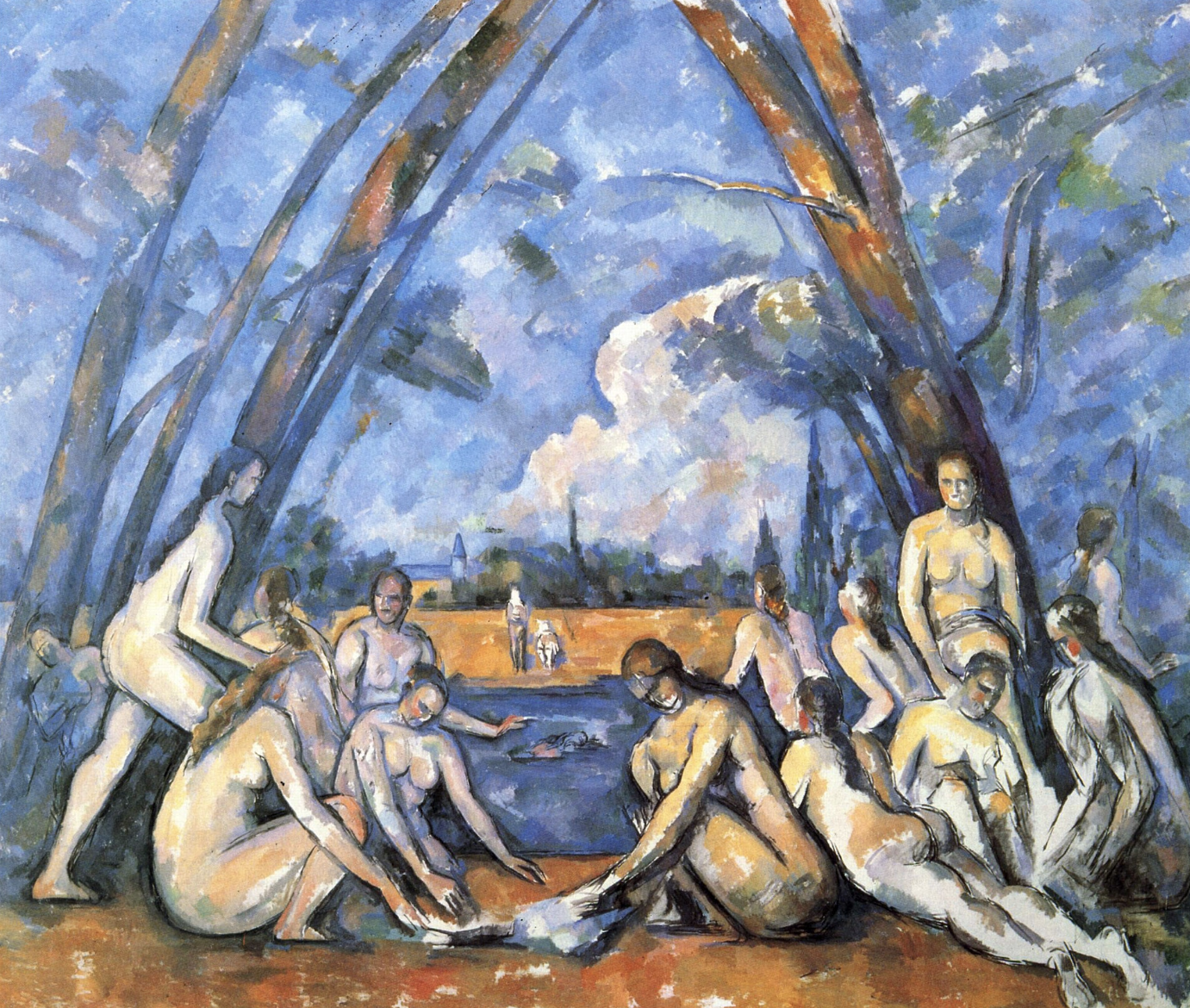 <p><em>(Le cubisme)</em><strong><em> </em>Les demoiselles d’Avignon</strong> de <strong><em>Picasso</em></strong></p><p>s’inspire des <strong>baigneuses de <em>Cézanne</em></strong>, de <strong>l’art Africain</strong> très important et <strong>l’art populaire espagnol</strong> -> les modèles ne sont pas représentées de la même manière : modèles centraux assez proches de la réalité, <strong>formes de plus en plus rudes</strong>, schématiques, femmes sans arrondis, <strong>couleurs stylisées</strong>, angles droits, <strong>carnations pas réalistes, </strong>insère une nature morte en ref à <strong><em>Cézanne</em></strong>, <strong>jeu de facettes caractéristiques (</strong>характерная игра граней)</p>