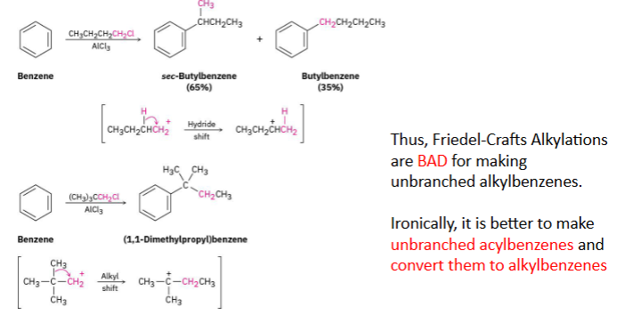 <p>A carbocation rearrangement in a Friedel-Crafts reaction is when a positive carbon atom shifts its structure to become more stable (via a hydride shift or alkyl shift) before attaching to a benzene ring. </p><p>Friedel-Crafts Alkylation = Carbocation = Rearrangements possible. Friedel-Crafts Alkylation is BAD for making straight chains. Better method: Friedel-Crafts Acylation</p><p>then reduction.</p>