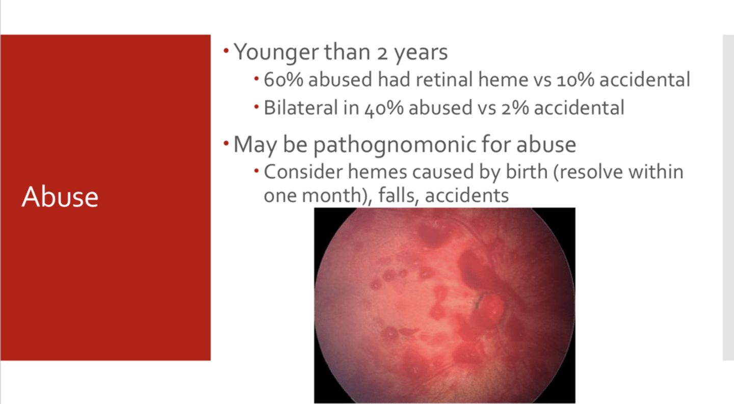 <p>Retinal hemes are _______ for abuse in babies</p>