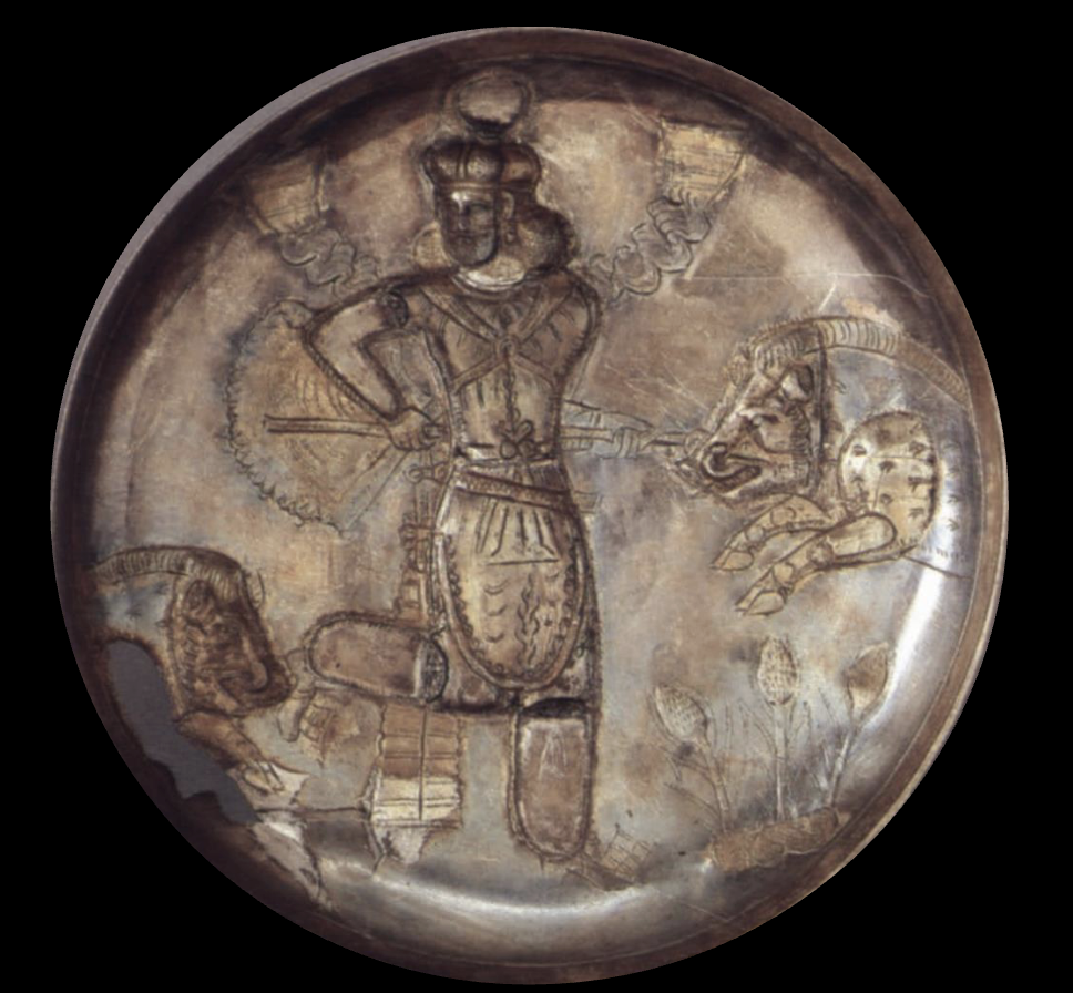 <p>Silver plate with hunting scene (gilt silver, Afghanistan)</p>
