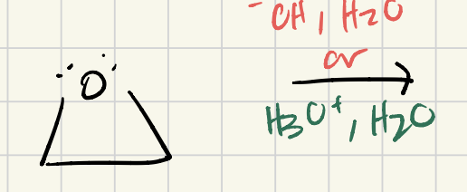 <p>Opening of an epoxide (in basic/acidic conditions)</p><p>Show the mechanism for both basic and acidic conditions</p>