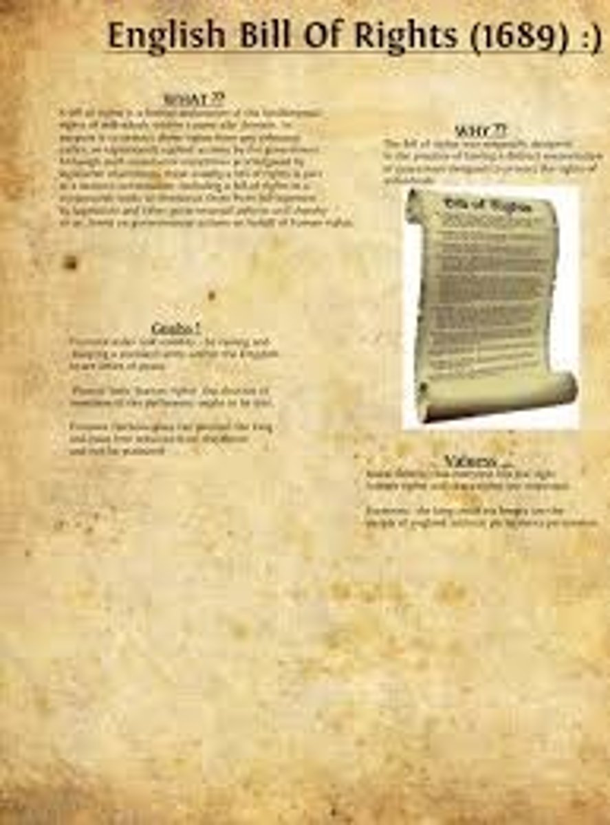 <p>1689 laws protecting the rights of English subjects and Parliament; basis for the American bill of rights</p>