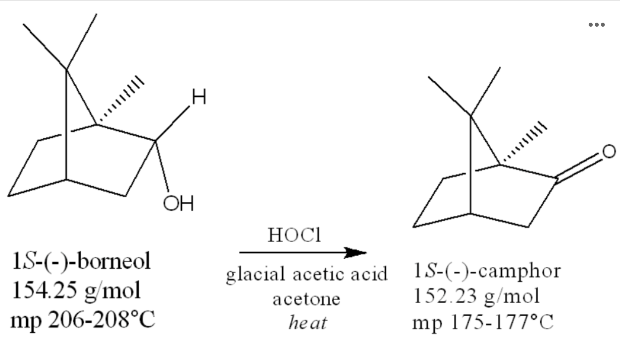 <p><span>The oxidation of borneol to camphor is shown below:</span></p><p></p><p><span>If you started with 0.35 g borneol, what is your theoretical yield of camphor? Report your answer to three decimal places.</span></p>