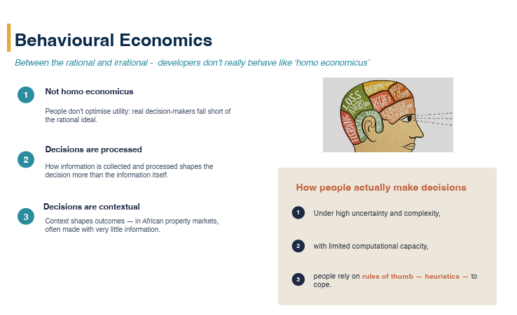 <ul><li><p><span><mark>a theoretical concept in economics that describes humans as perfectly rational, self-interested agents who always make choices to maximize their utility or profit</mark></span></p></li></ul><p></p><p>Explanations:</p><p>1)<u>Decisions are processed:</u> <span>The psychological pathways, filters, and methods used to interpret data are what truly drive the outcome</span></p><p>2)<u>Computational capacity:</u> <span>people possess a </span><strong>limited attention span</strong><span> and finite cognitive resources,(don’t function like computer resources can) they are physically and mentally unable to calculate every single risk, return, and potential future scenario in highly complex and uncertain property markets</span></p><p><span>3)<u>Heuristics: </u>These are </span><strong>simplified "rules of thumb" or mental shortcuts</strong><span> used to make decisions quickly and practically without needing to perform impossible calculations</span></p>