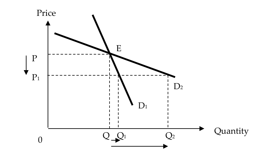 <ul><li><p>greater the absolute value, the greater the consumers’ responsiveness to a price change ⇒ more price elastic</p></li></ul><p><strong>demand is price elastic</strong></p><ul><li><p>if a given change in its price causes a more than proportionate change (response) in its quantity demanded, ceteris paribus</p></li><li><p>absolute value of the price elasticity of demand is greater than one</p></li><li><p>illustrated by a gentler demand curve ⇒ equal decrease in price from P to P1 causes a larger increase in the quantity demanded (Q to Q2)</p></li></ul><p><strong>demand is price inelastic</strong></p><ul><li><p>if a given change in its price results in a less than proportionate change (response) in its quantity demanded, ceteris paribus</p></li><li><p>absolute value of price elasticity of demand is less than one</p></li><li><p>illustrated by a steeper demand curve ⇒ equal decrease in price from P to P1 causes a larger increase in the quantity demanded (Q to Q1)</p></li></ul><p></p>