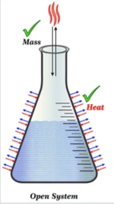 <p>Exchanges heat and mass with its surroundings.</p>
