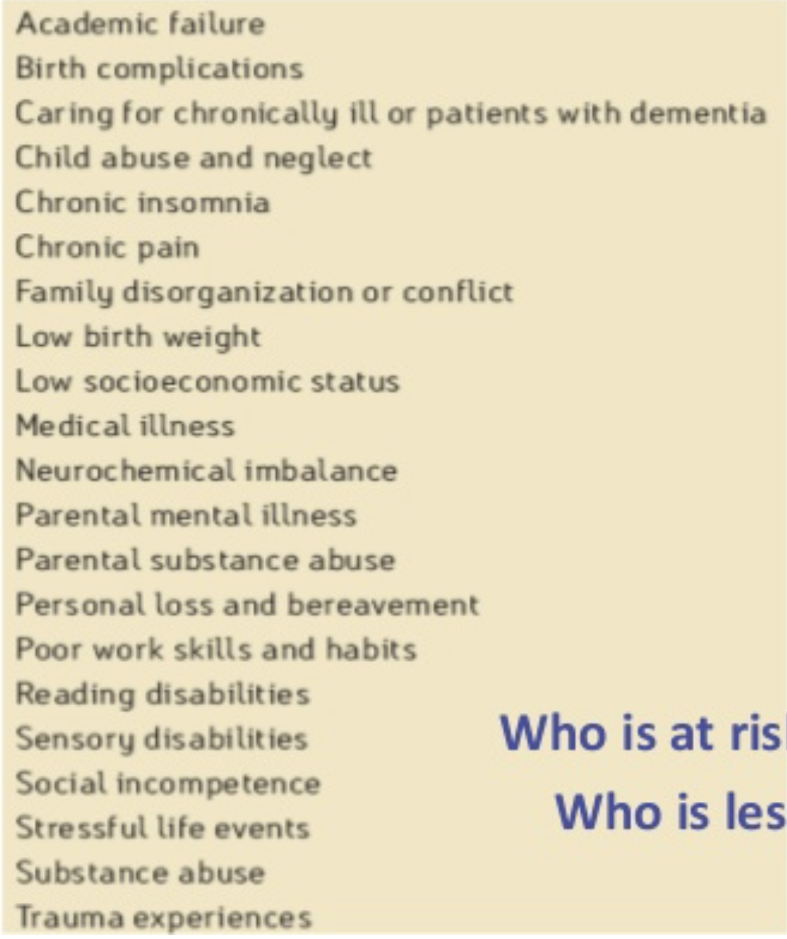 <p><span>characteristics that may increase the likelihood of experiencing adverse childhood experiences (ACEs)</span></p>