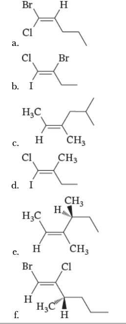 <p>7.1</p><p>Using the (E )–(Z ) designation [and in parts (e) and (f) the (R )–(S ) designation as well], give IUPAC names for each of the following:</p>