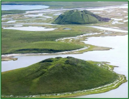 <p>Periglacial landscape; A dome-shaped large heave of soil-covered ice that increases in size from the expansion of water upon freezing and can remain for nearly a year. </p><p>They can be up to 70m in height and 600m in diameter. </p>