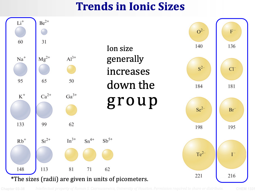 <p><span><strong>Ion size generally increases down the group.</strong></span></p><p>Just like neutral atoms, as you go down a group, ions get bigger because electrons occupy higher and higher principal energy levels (n), which are farther from the nucleus.</p><p>&nbsp;</p><p>Examples (cations going down Group 1):</p><ul><li><p><span>Li⁺ = 60 pm</span></p></li><li><p><span>Na⁺ = 95 pm</span></p></li><li><p><span>K⁺ = 133 pm</span></p></li><li><p><span>Rb⁺ = 148 pm</span></p></li></ul><p>Examples (anions going down Group 7):</p><ul><li><p><span>F⁻ = 136 pm</span></p></li><li><p><span>Cl⁻ = 181 pm</span></p></li><li><p><span>Br⁻ = 195 pm</span></p></li><li><p><span>I⁻ = 216 pm</span></p></li></ul><p>&nbsp;</p><p><span><em>The sizes (radii) are given in units of picometers.</em></span></p><p>&nbsp;</p>