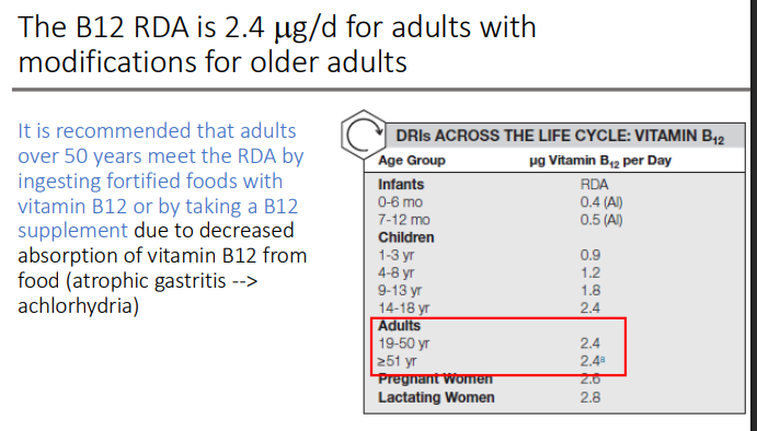 <p>fortified foods with vitamin B12 or by taking a B12 supplement due to decreased absorption of vitamin B12 from food (atrophic gastritis --> achlorhydria</p>