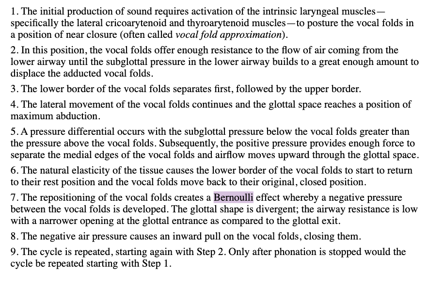 <p>the repositioning of the vocal folds creates a Bernoulli effect whereby a negatie pressure between the VF is created causing an inward pull on the vocal folds - closing them. </p><p></p><p>the cycle repeats itself (vf open due to positive pressure and close due to negative pressure) </p><p></p><p>with increased resistance (such as mass or tension) greater pressure is necessary to both open and close the VF</p>