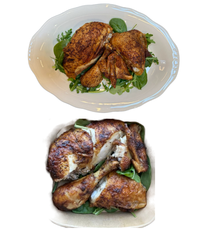 <p>Half of a slow-roasted organic rotisserie chicken, seasoned with our own rotisserie spice mix, cut into ready-to-serve pieces and served with wilted spinach and arugula.</p><p>Modification options: None</p><p>Allergens: No Big 9 Allergens</p>