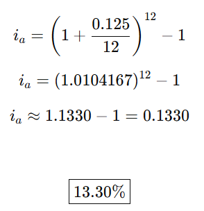 <p>monthly interest rate: 12.5/12 = 1.0417%</p><p>annual effective interest rate: </p><p></p><p>balance two months from now:</p><p>F=P(1+i)^n</p><p>F=2000(1+.0104167)² = 2041.88</p>