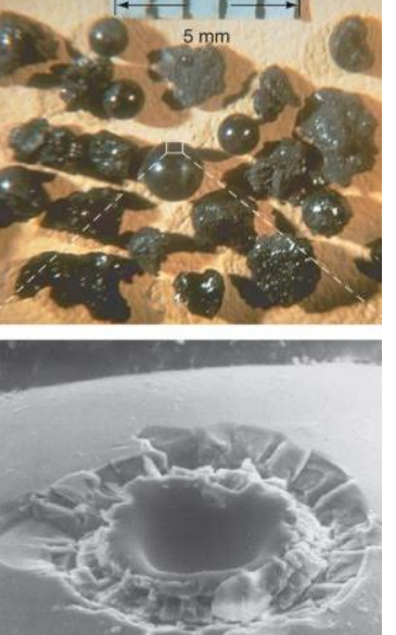 <ul><li><p>form during impact were surface rock was struck and cooled quickly</p></li><li><p>“glass beads”</p></li><li><p>small craters or beads</p></li></ul><p></p>