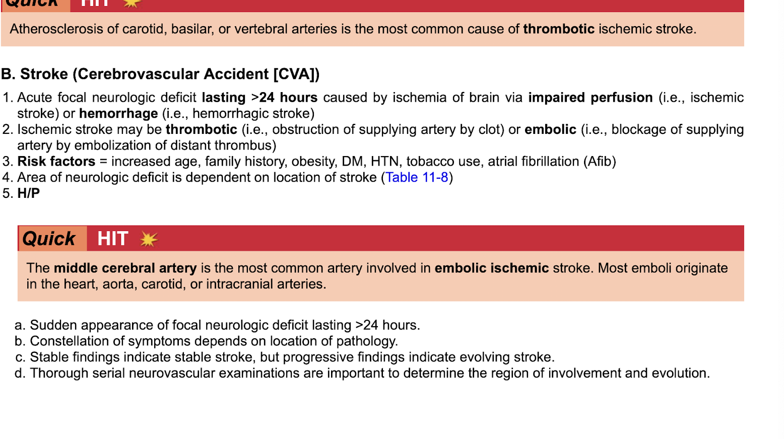 <p>Most common cause of thrombotic ischemic stroke:&nbsp;atherosclerosis of </p><ul><li><p>carotid, </p></li><li><p>basilar </p></li><li><p>or vertebral arteries&nbsp;</p></li></ul><p class="p2"></p><p class="p1">Most common artery involved in embolic ischemic stroke: </p><ul><li><p class="p1">MCA&nbsp;</p></li></ul><p class="p1">Most emboli originate in: </p><ul><li><p class="p1">heart, </p></li><li><p class="p1">aorta, </p></li><li><p class="p1">carotid, </p></li><li><p class="p1"> intracranial arteries&nbsp;</p></li></ul><p></p>