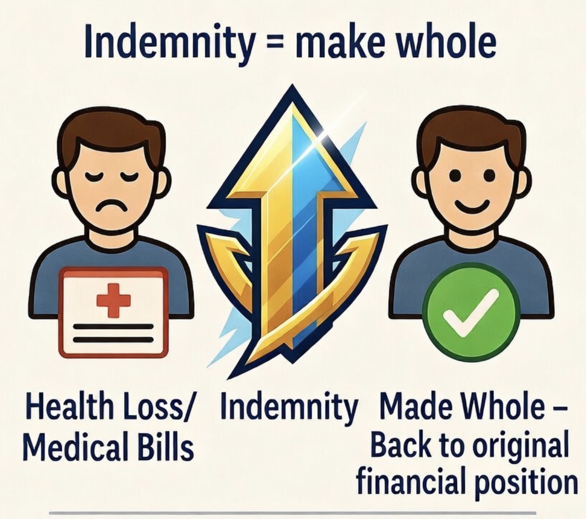 <p>Indemnity = make whole, restore to the insured’s original pre-loss condition—no better, no worse!</p><p>• indemnification is the principle of restoring an insured to their pre-loss financial state.</p><p>• principle applies to health insurance but not life insurance.</p><p></p>
