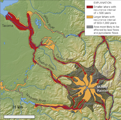 <p><span>Examine the hazard map below.&nbsp; Approximately how far from the summit of Mount Rainier does the "area most likely to be affected by lava flows and pyroclastic flows" extend?&nbsp;</span></p><p>less than 1 kilometer</p><p>several kilometers</p><p>several tens of kilometers</p><p>several hundreds of kilometers</p>