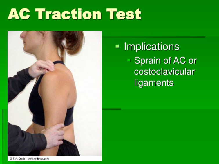 <p>Hold the arm near the elbow and gently pull it straight down. Pain at the top of the shoulder is positive.</p>