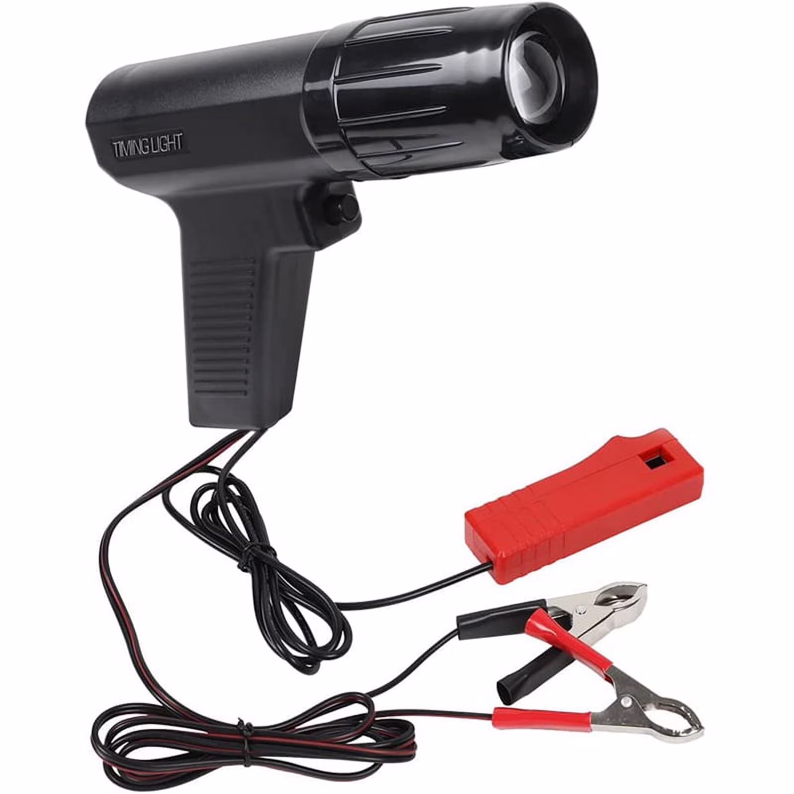 <p>Handheld pistol-grip diagnostic tool with trigger, cables, and strobe lamp that connects to 6V or 12V ignition systems to flash timing marks for adjustment.</p>