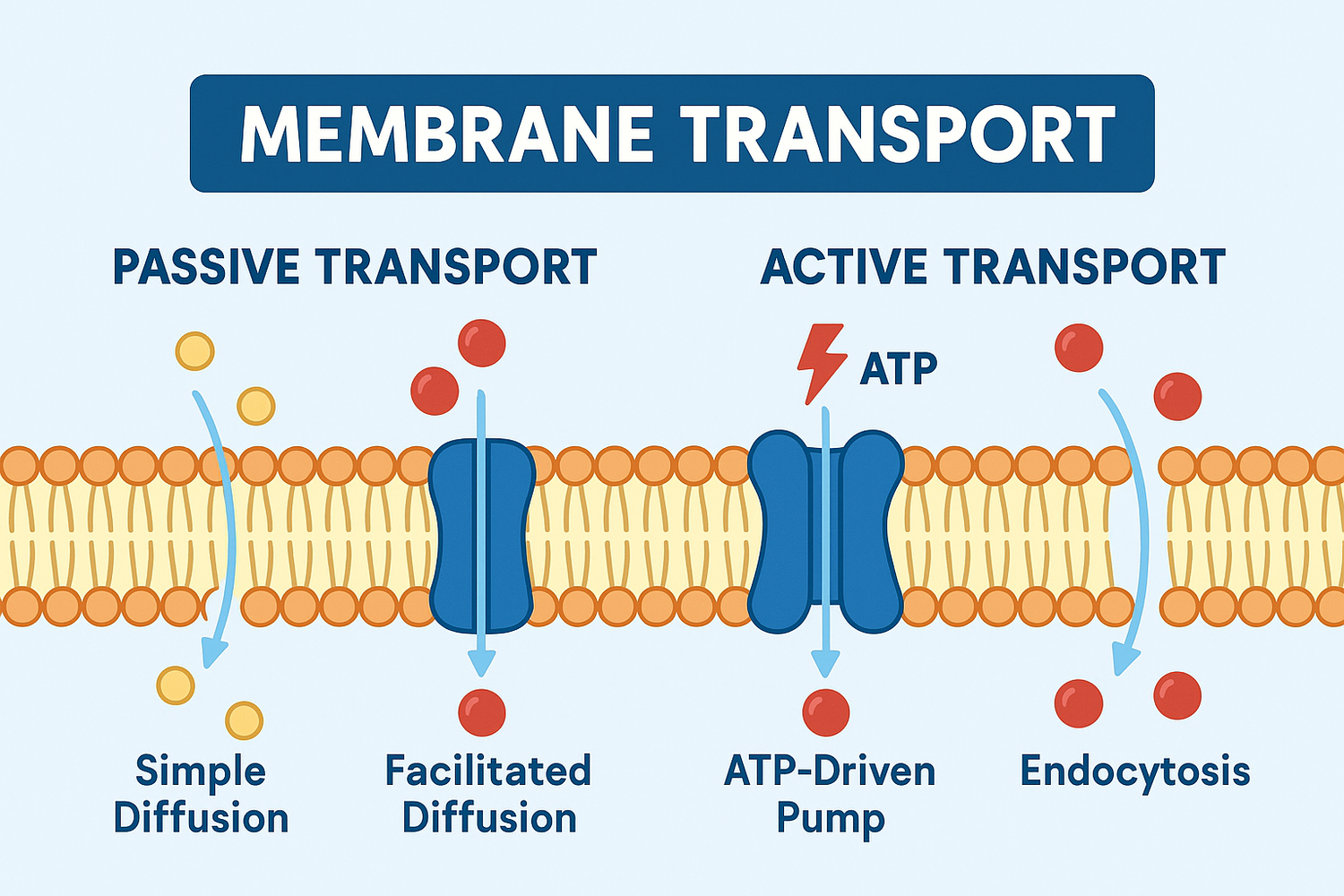 <ul><li><p><strong>Facilitated Diffusion:</strong> <strong>passive transport</strong>, meaning the cell lets substances slide down a <strong>concentration gradient</strong> (from a crowded area to an empty area) through a helper <strong>channel or carrier (no energy req)</strong></p></li><li><p><strong>Active Transport:</strong> <u>Uses</u> transport <u>proteins and energy</u> (ATP) to move substances <strong>against</strong> their concentration gradient (from an empty area into an already packed room).</p><ul><li><p></p></li></ul></li></ul><p></p>