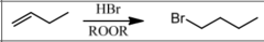 <p>Reagents: HBr/ROOR (Peroxide)</p><p>What's Added: H∙ & Br∙ Regioselectivity: Anti-Markovnikov</p><p>Sterioselectivity: - </p><p>Intermediate: Radical</p>