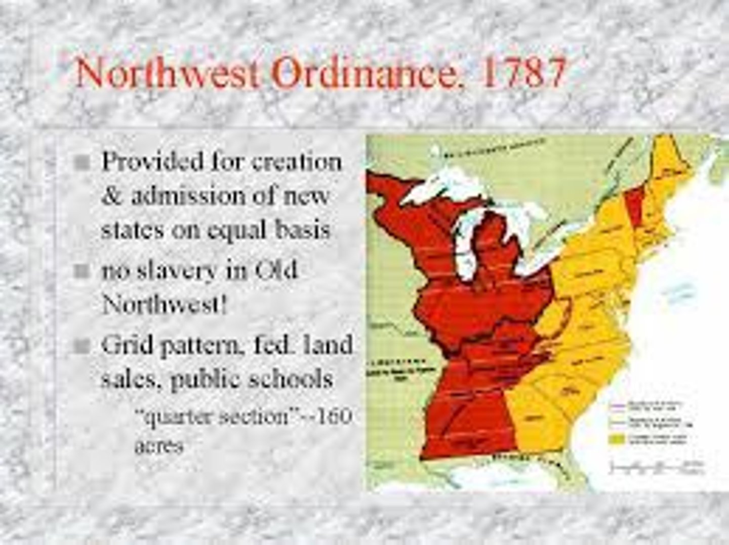 <p>Describes how the Northwestern territory was to be governed and set conditions for settlement and citizen rights. New states would have equal rights with existing states and laid the groundwork for Western expansion.</p>