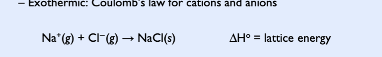 <p>energy associated with the formation of crystalline lattice of alternating cations and anions from gaseous ions </p>