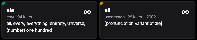 <p>Example 1: <strong>ale</strong>/<strong>ali</strong> li pona. <strong>Everything</strong> is fine.</p><p>Example 2: <strong>ale</strong>/<strong>ali</strong> li suli mute. <strong>The universe</strong> is very big.</p><p>Example 3: mi moku e kala <strong>ale</strong>/<strong>ali</strong>. I eat <strong>100</strong> fish.</p>