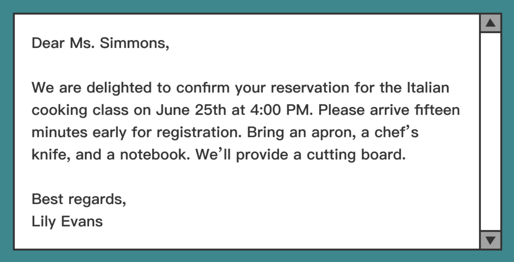 <p><span>What is Ms. Simmons NOT required to bring?</span></p>