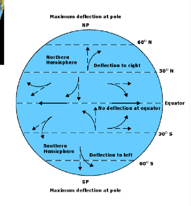 <p><strong>Coriolis effect</strong>- the direction of deflection depends on Northern/Southern Hemisphere</p><ul><li><p>no deflection at equator</p></li><li><p>deflect to right in North</p></li><li><p>deflect to left in South</p></li></ul><p></p>