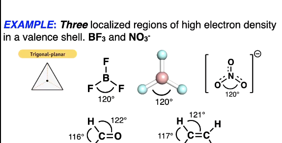 <p>some are perfectly same angle if the same atoms but if diff atoms then angles may be slightly diff like the ketone</p><ul><li><p>WHY: Still trigonal planar, The oxygen is bigger than the 2 hydrogens so the hydrogens get pushed together </p></li></ul><p></p>