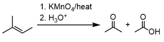 <p>cleaves alkene =</p><p>1º carboxylic acid</p><p>2º ketone</p><p>Oxidizing cond.</p>
