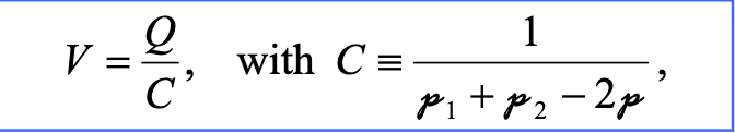 <p>These subscripts are wrong though, so like ρ<sub>1</sub> is really ρ<sub>11</sub> and ρ is ρ<sub>12</sub>, these are <em>elastances/reciprocal capacitances</em> and you can make a matrix out of them typically, this formula emerges from the total system = neutral case</p>
