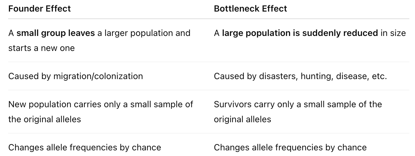 <p>Founder Effect </p><ul><li><p>A few individuals <strong>leave</strong> and form a new population.</p></li></ul><p> Bottleneck Effect </p><ul><li><p>Most individuals <strong>die</strong>, leaving a few survivors behind.</p></li></ul><p></p>