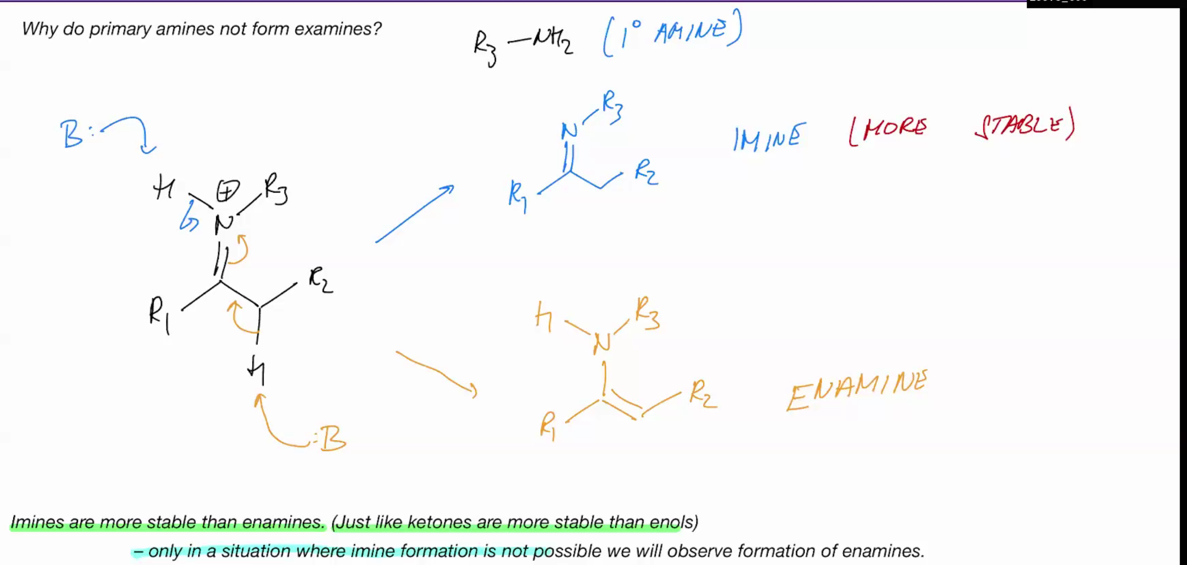 <p>only in situations where imine formation is not possible we will observe formation of enamines<br>WE DONT HAVE AN ACIDIC NH WHICH IS WHY WE FORM A ENAMINE IN SCENARIOS.</p>
