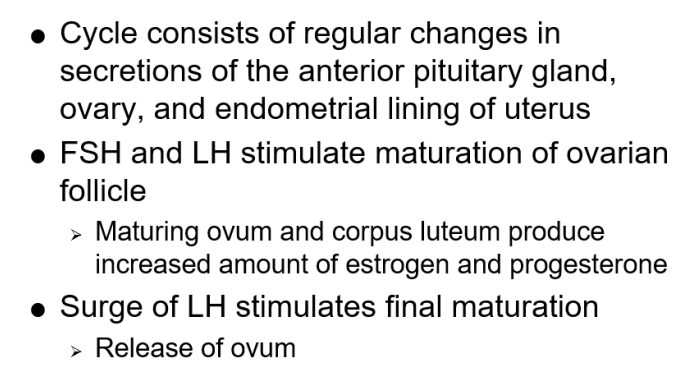 <p>LH triggers ovulation</p><p>egg lives for 25 hours after ovulation </p><p>sperm can reach fallopian tube after 5 minutes &amp; can remain viable for 4-5 days </p>