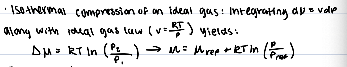 <p>extension to mixtures, in a multi component mixture, gas pressures are replaced by concentrations or mole fractions (xi) defining the chemical potential of components i as; </p><img src="https://assets.knowt.com/user-attachments/6b45ffb7-9bc6-4878-b384-9d3281db4170.png" data-width="100%" data-align="center" alt=""><ul><li><p>μi = chemical potential of component i in the mixture.</p></li><li><p>μi∗= chemical potential of the <strong>pure component i</strong> at the same temperature and pressure (the reference state).</p></li></ul><p></p>