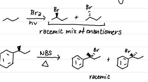 <p>sp²; planar; loss of stereochemical information</p>