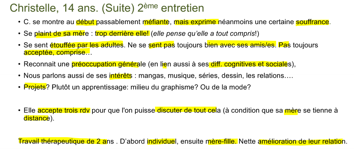 <p>besoin distance avec adulte car sent opprimé, besoin place</p><p>pas super aise avec amies, pas tjs acceptée</p><p>aborder passion/intérêt sentent mieux, comprendre aussi projet et inquétudes </p>